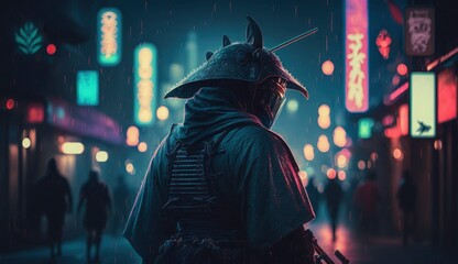Fototapeta na wymiar Looking samurai and street with blurred neon lights at night on background. Postproducted generative AI digital illustration.