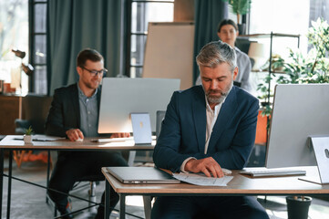 Using the pc's, sitting. Group of business people are working in the modern office