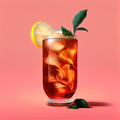 Cuba Libre or Long Island Iced Tea on Pink Background, Party Coctail, Bar Drink, Abstract Generative AI Illustration