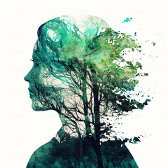 Photo ai generated photo illustration double exposure of woman with closed eyes and green forest with lea - obrazy, fototapety, plakaty