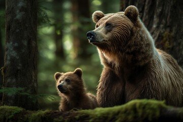 Obraz premium Grizzly Bear Tenderly Grooms Cubs, Large Paws Cleaning Fur and Removing Debris with Care by Generative AI