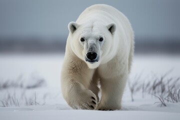 Fototapeta na wymiar Polar Bear Moves Across Frozen Tundra, Stark White Fur Blending Seamlessly into Snowy Landscape by Generative AI