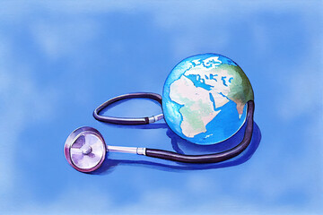 Globe and stethoscope on blue background, world health day concept, watercolor. Generative Ai