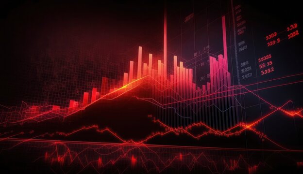 Stock market trading graph in red color as economy 3D illustration background. Trading trends and economic development.