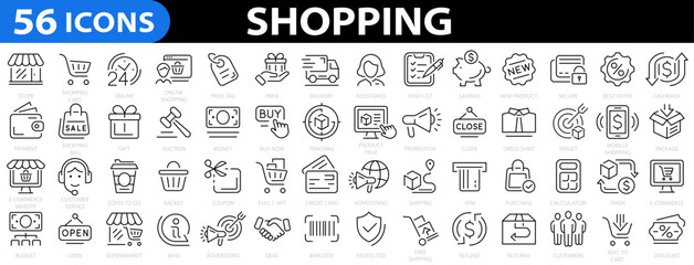 Fototapeta na wymiar Shopping 56 icon set. Online shopping icon. E-commerce. Store, delivery, Supermarket, promotion, shopping cart symbol. Vector illustration