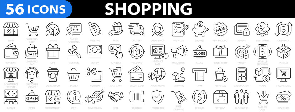 Shopping 56 icon set. Online shopping icon. E-commerce. Store, delivery, Supermarket, promotion, shopping cart symbol. Vector illustration