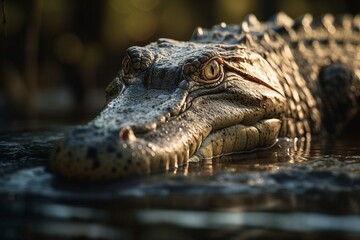 Obraz premium Prehistoric Appearance and Powerful Jaws of Saltwater Crocodile, Thrilling and Dramatic Close-up Subject by Generative AI