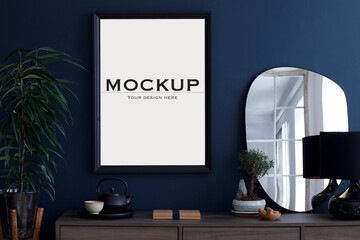 Creative composition of modern living room interior design with mockup poster frame, wooden...