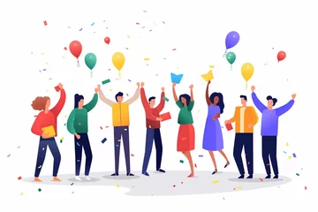 Foto op Plexiglas Flat digital illustration of a startup team celebrating a milestone with confetti, balloons, and high-fives on a clean white background. generative ai © Kristian