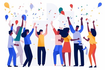 Flat digital illustration of a startup team celebrating a milestone with confetti, balloons, and high-fives on a clean white background. generative ai