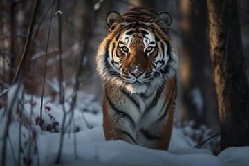 Fototapeta na wymiar Siberian Tiger Prowls Through Snowy Russian Forests, Thick Fur and Powerful Body Signifying Adaptability and Strength by Generative AI