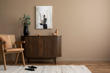 Creative composition of living room interior with mock up poster frame, copy space, wooden...