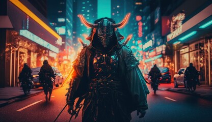 Samurai in the middle of street with blurred neon lights at night on background. Postproducted generative AI digital illustration.