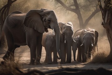 Fototapeta na wymiar African Elephants Gather Around Newborn Calf, Forming Protective Circle in Display of Family Bonds by Generative AI