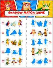 Shadow match game mexican food superhero characters in retro comics. Kids vector worksheet with cartoon tex mex chili, tacos, burrito and avocado. Jalapeno, tequila, pulque and churros with tamales