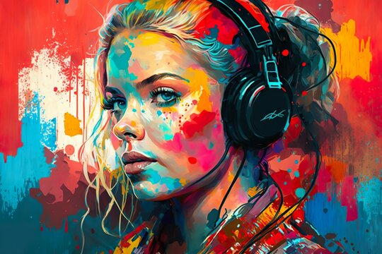portrait of a woman with painted face listing to music