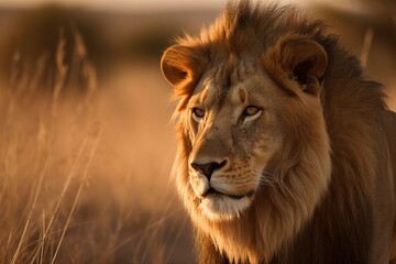 Fototapeta na wymiar African Lion Roaming the Vast Grasslands, Majestic and Powerful King of the Savannah by Generative AI