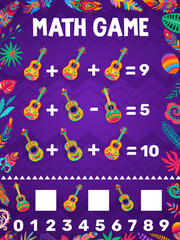 Math game worksheet, mexican music guitars and flowers counting puzzle quiz. Vector musical instruments of Mexico fiesta party mariachi in frame of floral pattern. Cartoon vihuela guitars