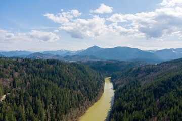 Aerial view of the Nisqually River in the Cascade Mountains of Washington State