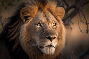 Fototapeta premium African Lion Roaming the Vast Grasslands, Majestic and Powerful King of the Savannah by Generative AI