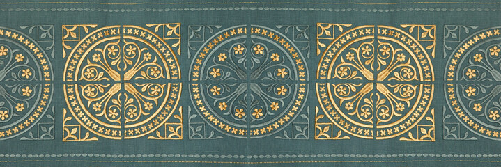 Embroidery element, pattern in oriental style, on linen fabric. Oriental pattern, for interior decoration, stylish design.