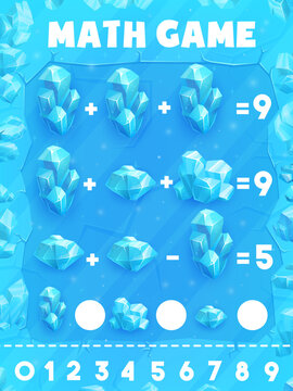 Math game worksheet, ice crystals and cubes, vector mathematics puzzle. Education activity for school kids in numbers count task or calculation skills in math game quiz with frozen ice crystals