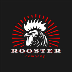 Agriculture and farm rooster mascot. Vector icon of cock or cockerel animal head, white feathers, comb and beak with red sun rays. Brave rooster symbol of poultry farm, chicken meat and egg food label