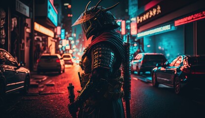 Fototapeta na wymiar Samurai in the middle of street with blurred neon lights at night on background. Postproducted generative AI digital illustration.