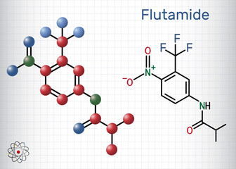 Flutamide molecule. It is is antiandrogen used for locally confined stage B2-C and D-2 metastatic prostate carcinoma. Structural formula, molecule model. Sheet of paper in a cage.