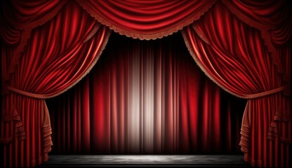 Glorious red curtain above empty theatre stage. Postproducted generative AI digital illustration.