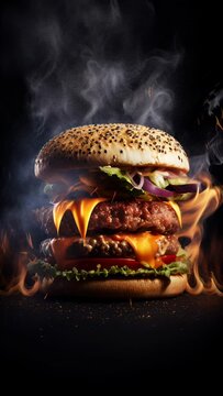 Hot and Fresh tasty delicious grilled hamburger. Motion