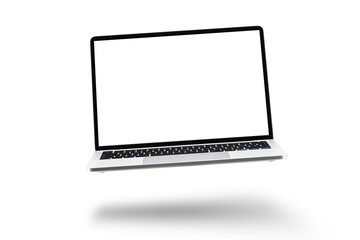 Laptop with white screen floating on white background.