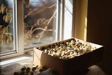 Sprouted peas in a box. Generative AI.
