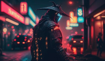 Fototapeta premium Armed samurai and street with blurred neon lights at night on background. Postproducted generative AI digital illustration with non existing person.