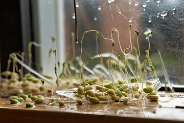 Sprouted peas in a box. Generative AI.