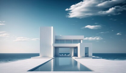 Luxury residential minimalist villa with pool and ocean on horizon. Postproducted generative AI illustration.