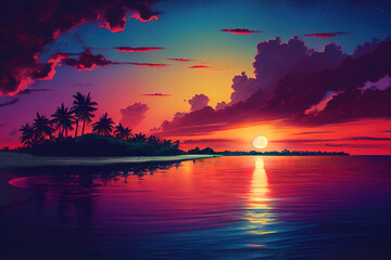 Fototapeta na wymiar Colorful sunset over ocean on Maldives. Generative Ai