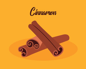 Cinnamon. Cinnamon herb sticks. Vector illustration on yellow beautiful background