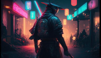 Fototapeta na wymiar Armed samurai and street with blurred neon lights at night on background. Postproducted generative AI digital illustration with non existing person.