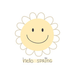 hello spring. Cartoon flower, hand drawing lettering. retro style, vector illustration. design for print, greeting card, poster decoration, cover