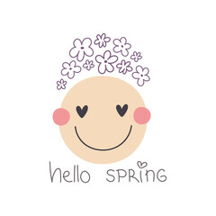 hello spring. Cartoon peace sign, flower, hand drawing lettering. retro style, vector illustration.. design for print, greeting card, poster decoration, cover