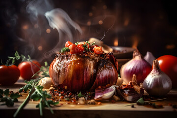 Fototapeta na wymiar Baked potato, tomato, mushroom and onion on wooden table with smoke on background. Food design. Baked meat. Delicious dish. Artistic blur. Generative AI technology.