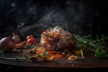Grilled beef steak on a dark background with smoke. Baked meat. Delicious dish. Artistic blur. Generative AI technology.