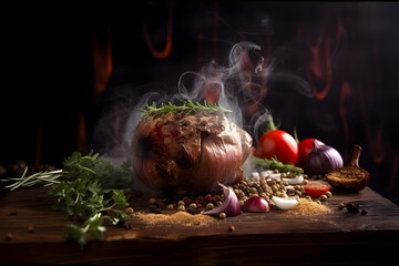 Baked potato, tomato, and onion on wooden table with smoke on background. Food design. Baked meat. Delicious dish. Artistic blur. Generative AI technology.
