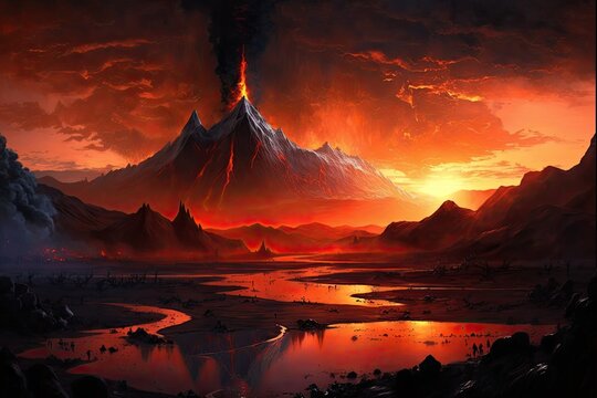 view of mordor landscape, with the fiery glow of mount doom in the distance, created with generative ai