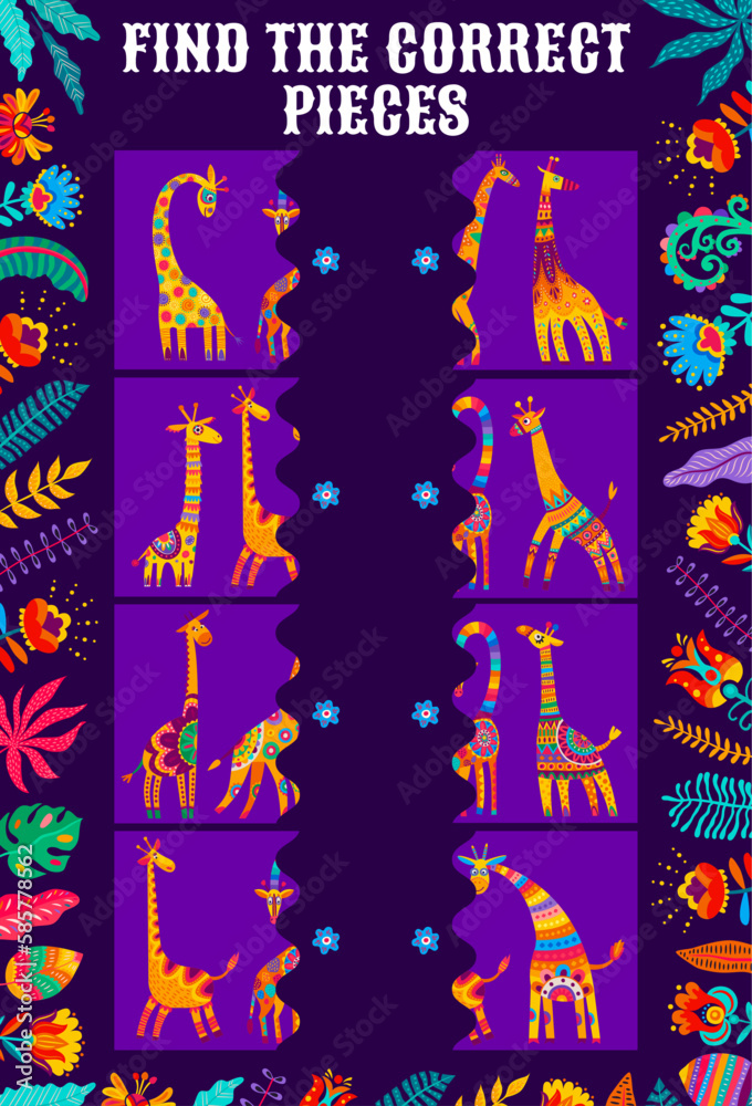 Aufkleber find the correct pieces of african giraffes kids game worksheet. vector match the half of cartoon an