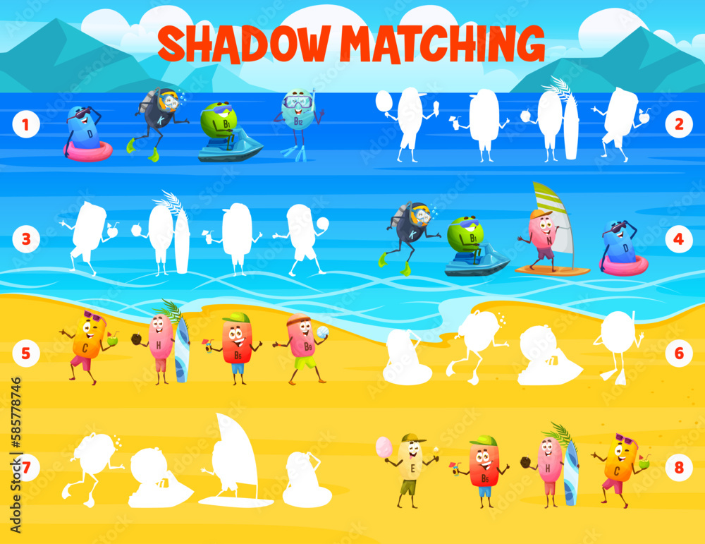 Poster shadow matching game, cartoon vitamin characters on summer beach. kids vector game for children logi