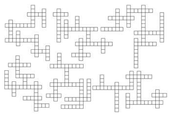 Crossword game grid templates, word guess quiz layout empty boxes, vector set. Crossword game grid vertical and horizontal cross boxes for word guess quiz or intellectual riddle play template