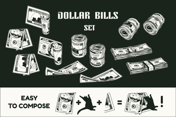 Set of 100 dollar bills with obverse and reverse side. Money rolls, wads of cash money, bent, folded, twisted banknotes. Vintage style. Colorful detailed vector illustration on black background.