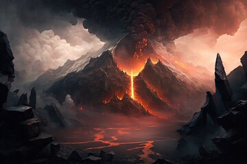 the interior of the volcanic mountain range of mordor, with smoke and lava flowing freely, created with generative ai - obrazy, fototapety, plakaty